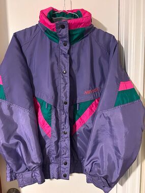 ⁠Vintage 90s Nevica Neon Colorblock Retro Ski Jacket Coat Purple Teal Pink